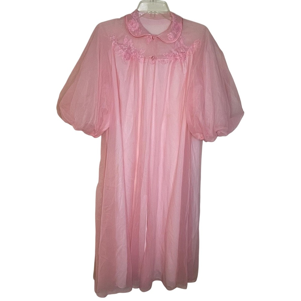 vintage 50s 60s peignoir Robe Goddard Artemis Pink Puffed Sleeve Chiffon 36